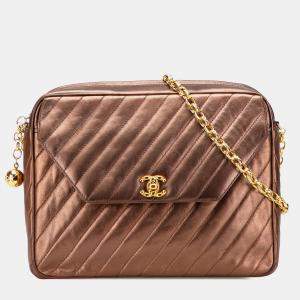 Chanel Brown CC Diagonal Quilted Metallic Lambskin Camera Bag