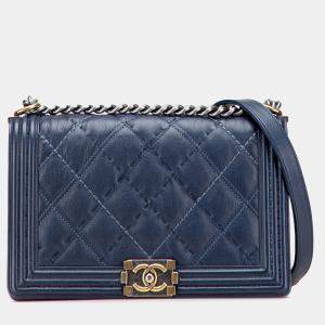Chanel Navy Blue Medium Stitched Calfskin Boy Flap