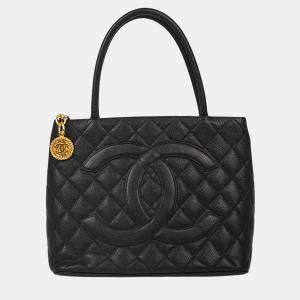 Pre Owned Chanel Black Calfskin Medallion Tote Handbag