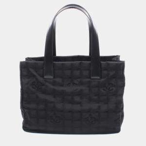 Chanel New Travel Line Mm Hand Tote Bag Leather Nylon Canvas Black