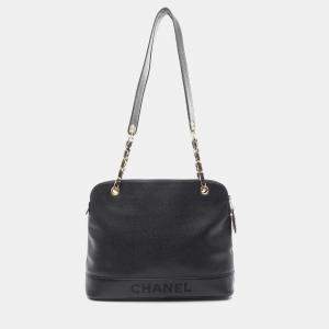 Chanel Logo Chain Shoulder Tote Bag Calfskin Black Ghw