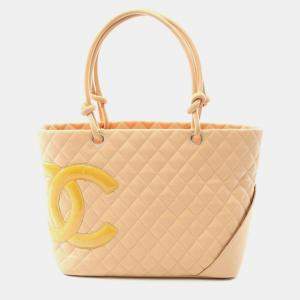 Chanel Cambon Line Large Hand Tote Bag Patent Leather Beige Shw Cc