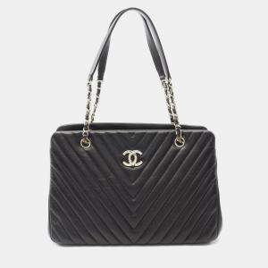 Chanel V-Stitch Chevron Chain Shouldr Tote Bag Lambskin Black Shw