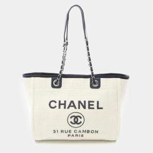 Chanel Deauville Chain Shoulder Tote Bag Leather Straw White Navy Cc