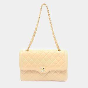 Pre Owned Chanel Double Flap Beige Lambskin Shoulder Bag