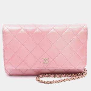 Chanel Matelasse Chain Shoulder Wallet Bag Lambskin Pink 