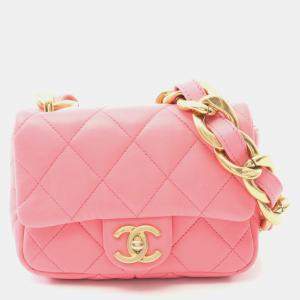 Chanel Matelasse Chain Shoulder Bag Lamb Sheep Leather Pink 