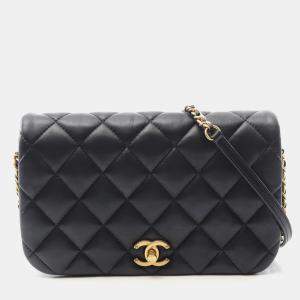 Chanel Matelasse Classic Full Flap Chain Shoulder Bag Leather Black 