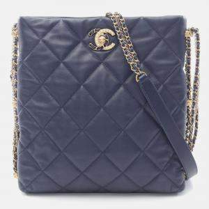 Pre Owned Chanel CC Pearl Multi Chain Navy Lambskin Leather Shoulder Bag