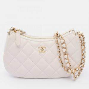 Chanel Matelasse Chain Shoulder Cluch Bag Lambskin White Ghw