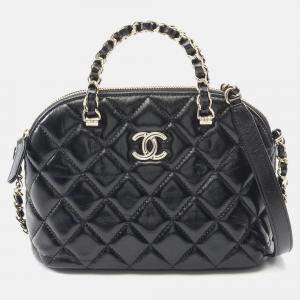 Pre Owned Chanel Matelasse 2Way Chain Shoulder Handbag Shiny Lambskin Black Ghw
