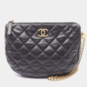 Pre Owned Chanel Matelasse Small Hobo Chain Shoulder Bag Lamb Sheep Leather Black Ghw
