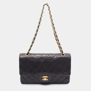 Pre Owned Chanel Matelasse W Flap Chain Shoulder Bag  Lamb Leather Black Ghw Cc