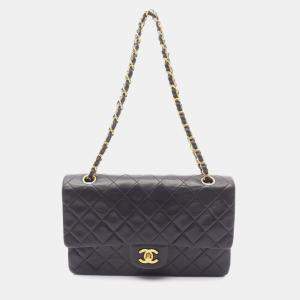 Pre Owned Chanel Matelasse W Flap Chain Shoulder Bag Lamb Leather Black Ghw Cc