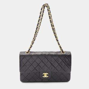 Pre Owned Chanel Matelasse Double Flap Chain Shoulder Bag Lambskin Black Ghw