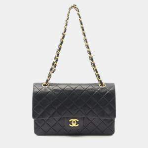 Pre Owned Chanel Matelasse Double Flap Chain Shoulder Bag  Lambskin Black Ghw
