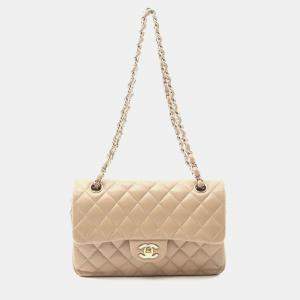 Pre Owned Chanel Matelasse Double Flap Chain Shoulder Bag  Lambskin Beige Ghw