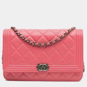 Pre Owned Chanel Pink Lambskin Boy Wallet On Chain