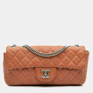 Pre Owned Chanel Orange Classic Lambskin East West Single Flap