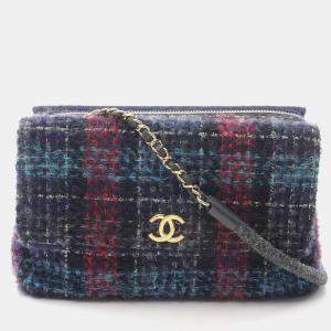 Pre Owned Chanel W Flap Tweed Shoulder Bag Leather Fabric Navy Multicolor
