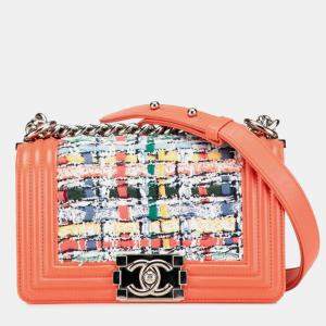 Pre Owned Chanel Boy Coral Orange Multicolor Tweed and Leather Shoulder Bag