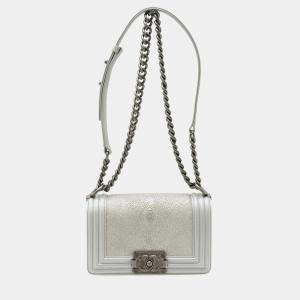 Pre Owned Chanel Boy Metallic Silver Leather Shoulder Bag
