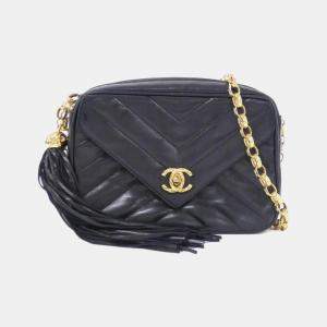 Pre Owned Chanel Chevron Black Leather Shoulder Bag
