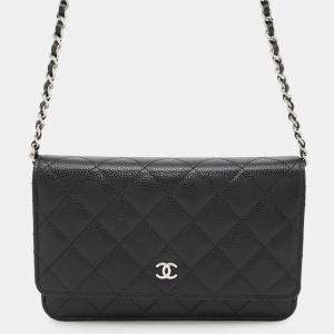 Pre Owned Chanel Chain wallet Black Caviar Leather