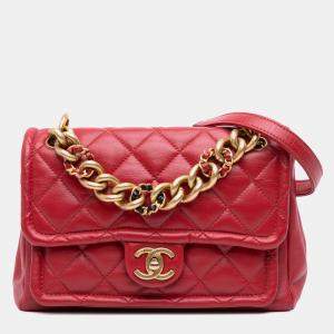 Pre Owned Chanel Red Small Quilted Lambskin Chain Link Flap Bag