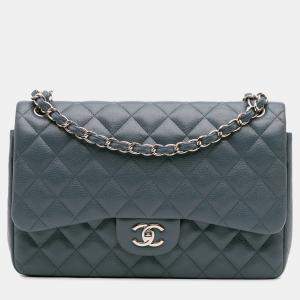 Pre Owned Chanel Blue Jumbo Classic Caviar Double Flap