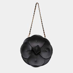 Pre Owned Chanel Black Lambskin and Satin Camellia Flower Evening Bag