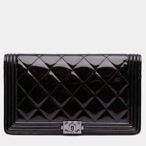 Pre Owned Chanel Boy Quilted Black Patent Leather Long Wallet
