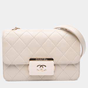 Pre Owned Chanel White Mini Lambskin Beauty Lock Flap