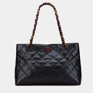 Pre Owned Chanel Black CC Quilted Caviar Tortoise Chain Tote