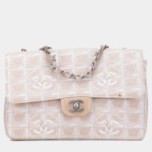 Pre Owned Chanel Beige Brown Medium New Travel Line Nylon Single Flap