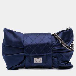 Pre Owned Chanel Blue CC Satin Bow Clutch with Chain