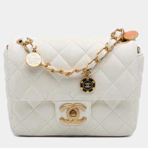 Pre Owned Chanel White Mini Square Classic Lambskin Casino Royale Charms Single Flap