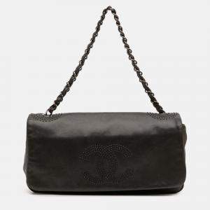 Pre Owned Chanel Black CC Studded Lambskin East West Flap