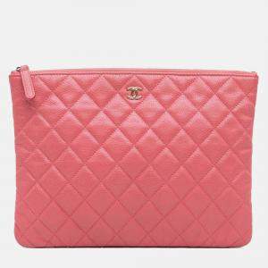 Pre Owned Chanel Pink Medium Quilted Caviar O Case Clutch