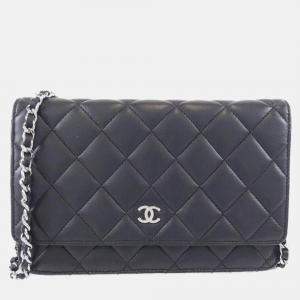 Pre Owned Chanel Timeless Classic Black Lambskin Leather Chain Wallet Handbag