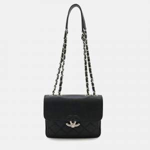 Pre Owned Chanel Half Coco Mark Double Chain Black Leather Shoulder Bag