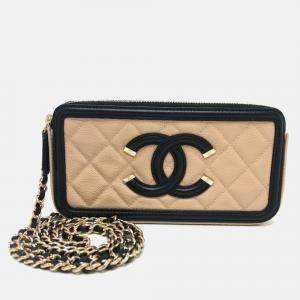 Pre Owned Chanel Cc Filigree Bicolor Wallet Long Chain Caviar Skin Beige