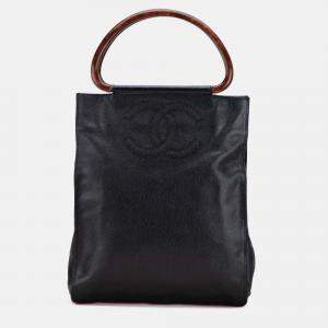 Pre Owned Chanel Black CC Caviar Wood Top Handle Tote