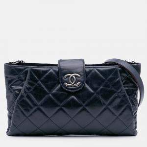 Pre Owned Chanel Navy Blue Quilted Glazed Calfskin Coco Pleats Clutch With Chain