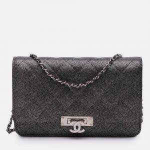 Pre Owned Chanel Black Quilted Metallic Caviar Golden Class Wallet On Chain