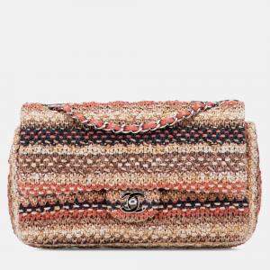 Pre Owned Chanel Beige Brown Medium Classic Tweed Double Flap