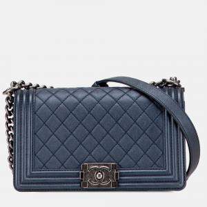 Pre Owned Chanel Blue Old Medium Quilted Lambskin Boy Flap