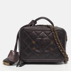 Pre Owned Chanel Burgundy Quilted Caviar Leather Small CC Filigree Vanity Case Bag