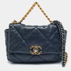 Pre Owned Chanel Navy Blue Quilted Leather Small 19 Flap Bag