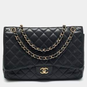 Pre Owned Chanel Black Quilted Caviar Leather Maxi Classic Single Flap Bag
